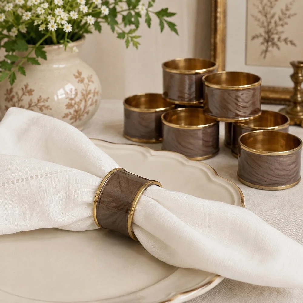 Vintage Brass & Marbled Enamel Napkin Rings Set of 8 Taupe Brown